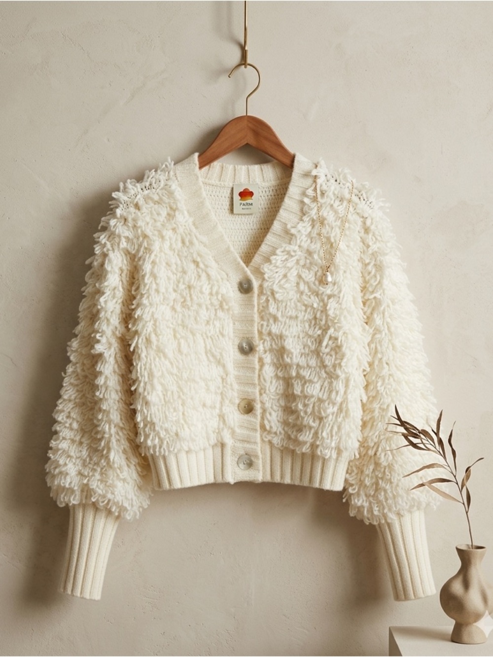Farm Rio Off White V-Neck Textured Knit Cardigan Mother of Pearl NWT Medium